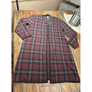 Anne Klein Plaid Long‎ Open Front Cardigan Sweater Burgundy Gray Women's Large
